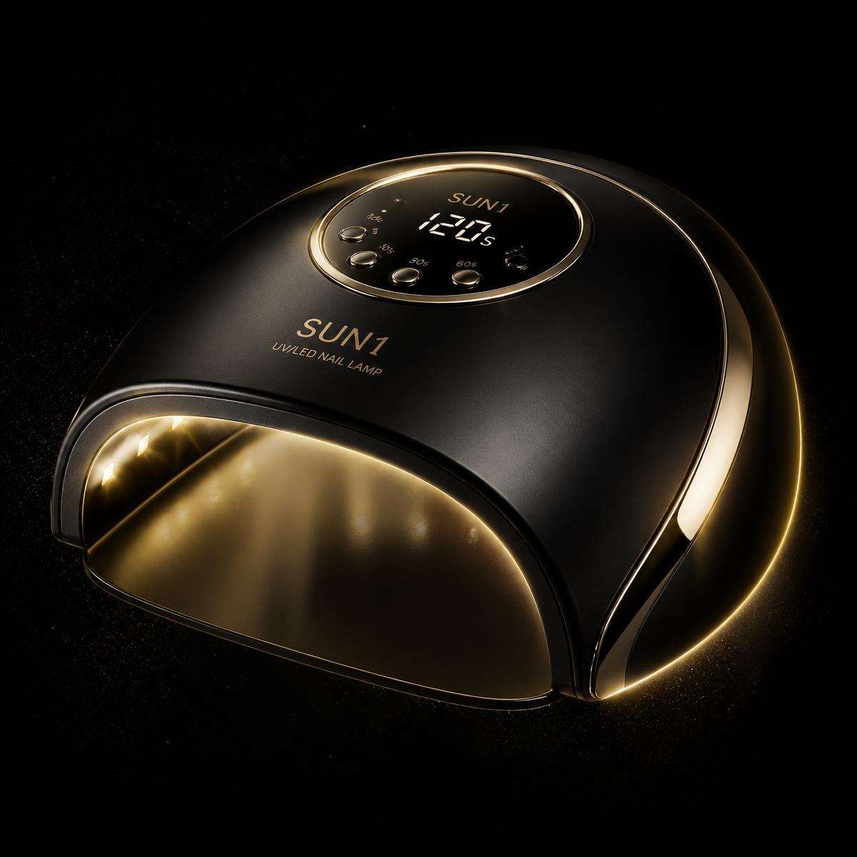 Lampada UV/LED professionale illuminata da luce champagne su fondo nero