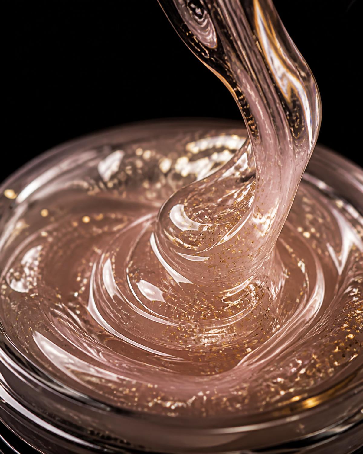 Macro della texture di un gel nude con riflessi dorati